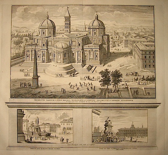 Halma Franciscus (1653-1722) Prospectus Basilicae S. Mariae Maioris, restauratae a Clemente decimo... Fons in area Basilicae S. Mariae Maioris. Fons in area S. Johannis Lateranensis, infra Obeliscum 1696 Leida 